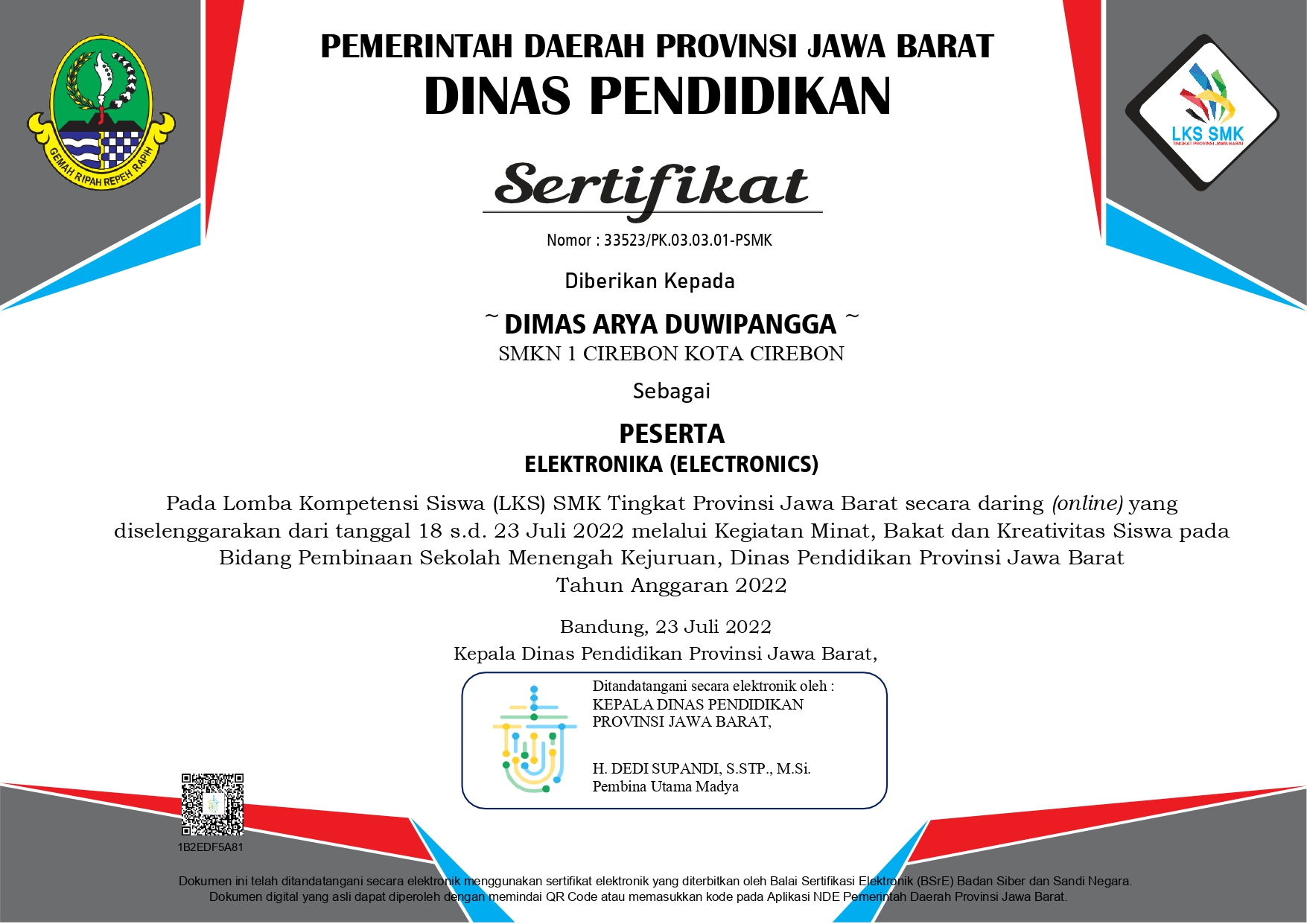 Certificate of Participation: Student Competency Contest (LKS) in Electronics